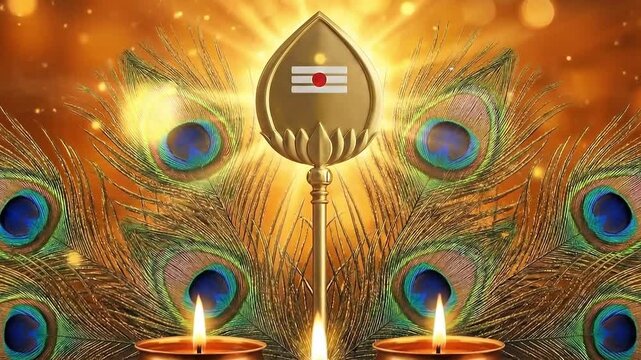 Golden vel of lord murugan with peacock feathers and glowing oil lamps celebrating thaipusam festival in spiritual temple atmosphere for devotion and traditional hindu worship