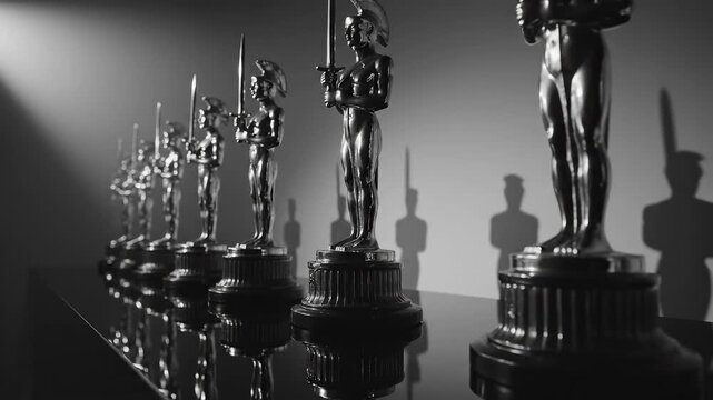 Row of metallic statuettes with swords