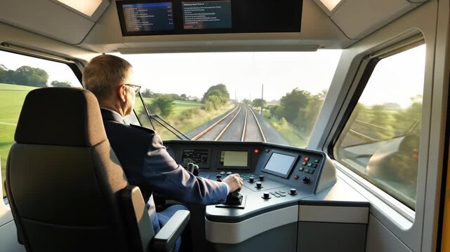 Train driver operating a modern locomotive from the cab. Professional engineer driving on railway tracks through rural landscape. Modern rail transportation and logistics concept