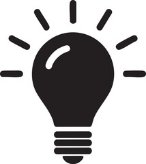 Simple black light bulb icon with radiating lines on a transparent background, idea symbol