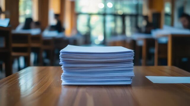 Stack of exam answer sheets and application documents on an office desk, with a blurred background of a classroom or university setting where students are taking a test. Banner. Copy space