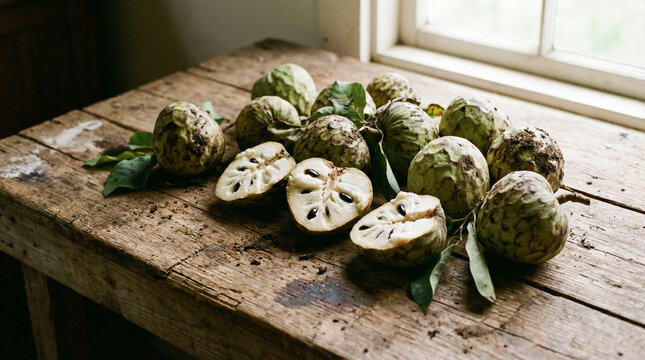 Freshly harvested cherimoya fruits placed naturally on a raw wooden surface.