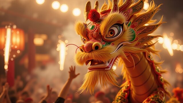 Detailed golden Chinese dragon head performing at night festival. Traditional dragon dance figure for Lunar New Year.