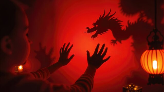 Silhouette of child's hands and dragon shadow puppet on red background. Concept of traditional Chinese storytelling and folklore for kids.