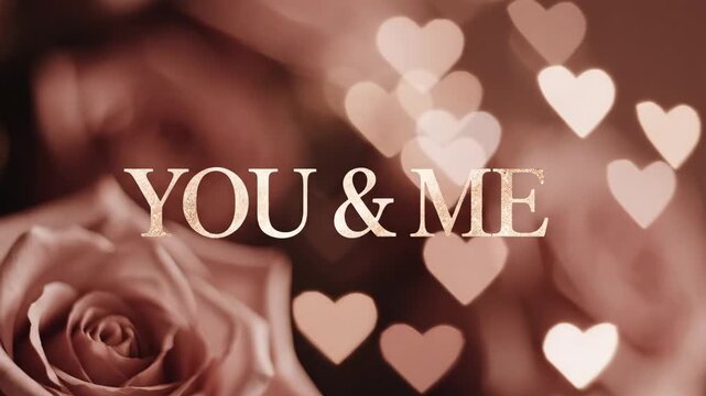 Romantic You and Me text overlay with soft focus rose and glowing heart bokeh background for Valentine's Day wedding anniversary celebration love story