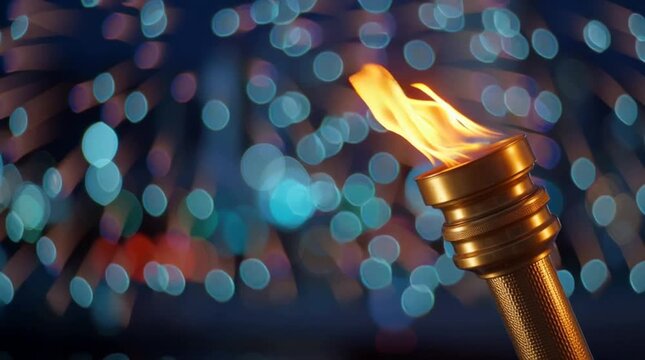 A lit torch with flames in the foreground, surrounded by colorful fireworks in the night sky. Represents winter sports competitions and international ceremonies in Italy.