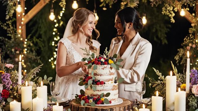 Lesbian couple cutting wedding cake at outdoor night reception. Two women sharing a romantic kiss during their marriage celebration. LGBTQ+ love and happiness