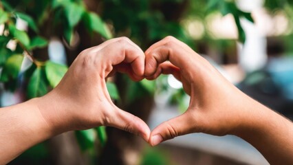 Fototapeta premium Hands forming a heart shape in front of lush green foliage.
