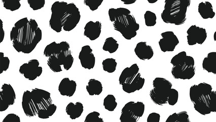 Seamless hand-drawn black and white leopard print pattern with textured brushstroke spots on a clean background.