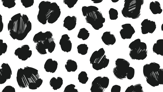 Seamless hand-drawn black and white leopard print pattern with textured brushstroke spots on a clean background.