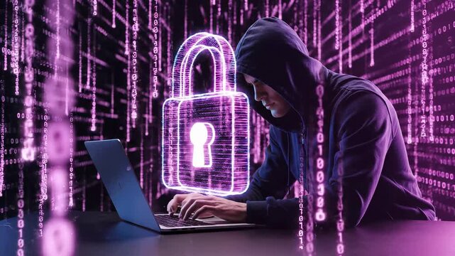 Hooded hacker typing on laptop with glowing padlock and binary code background. Cybersecurity concept with encryption symbol representing cyber attack, data breach threat, network vulnerability