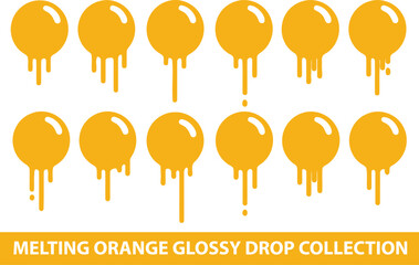 A collection of melting orange glossy drops with various drip patterns, perfect for graphic design elements and backgrounds.