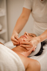 Fototapeta premium masseuse's hands doing chin massage for woman in spa salon
