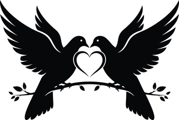 Two black doves forming a heart shape with their heads while perched on a branch, symbolizing love and peace in a minimalist silhouette.