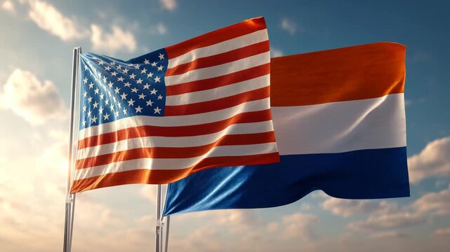 France and USA flags flying proudly on metal poles against sunset sky