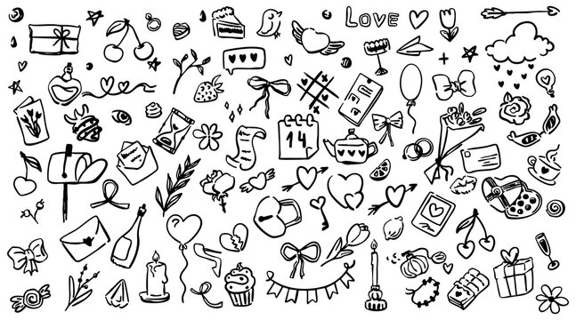 Set of Valentines Day doodle icons, featuring black and white line drawings, hand-drawn vector graphics, and various love-themed elements. Suitable for greeting cards, coloring books, diaries,