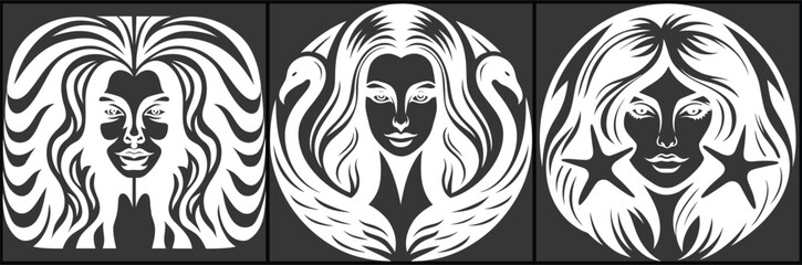 Elegant Woman Portrait Set, Artistic Hair Design, Vintage Beauty Illustrations For Fashion And Cosmetics