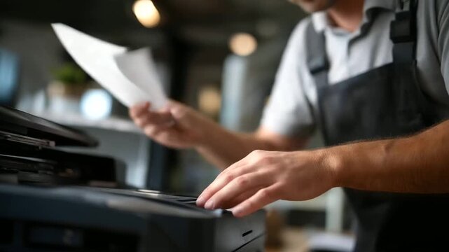 Faceless happy handyman hands fixing office printer equipment repair service workplace maintenance task technical troubleshooting work professional fixing operation