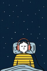 Naklejka premium Child sleeping peacefully in bed with headphones on, under a starry night sky, conveying a sense of calm and sweet dreams. ,generative ai