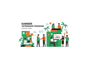 Naklejka premium Summer internship program illustration with diverse professionals working together