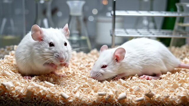 Two white mice in a lab setting