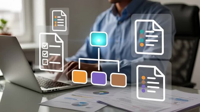 Professional working on laptop with floating document management icons including files, checklists and folders. Digital workflow organization system concept with business data categorization, storage