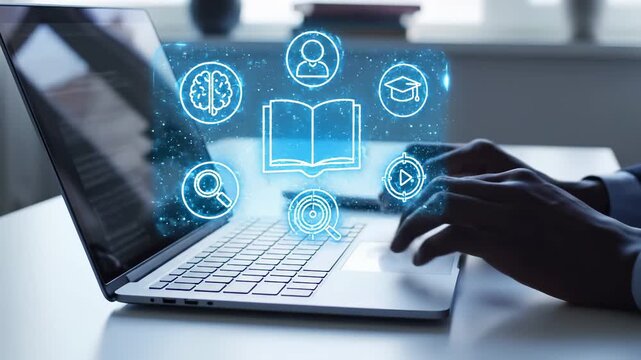Professional using laptop with digital education icons including book, graduation cap, brain, search and video symbols. Online learning platform concept with elearning technology for academic courses,