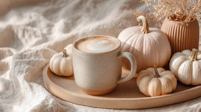 Cozy autumn scene with latte art coffee, white pumpkins, and dried flowers on a textured tray in soft morning light, evoking warm fall vibes.