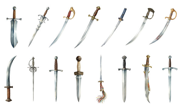 Watercolor set of medieval swords and ancient daggers