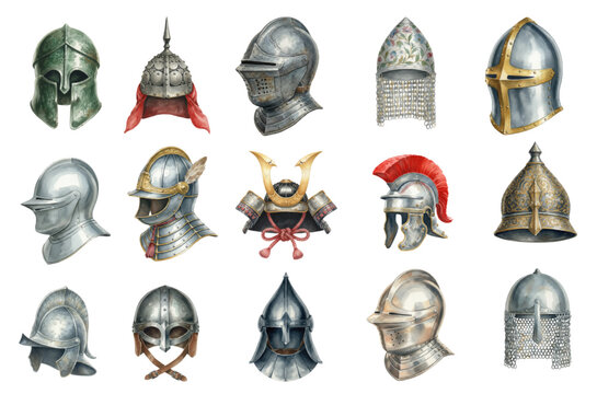 Collection of historic medieval and ancient helmets