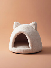 Cozy plush cat cave bed with ear-shaped design on warm beige background, perfect for stylish pet comfort and interior decoration.