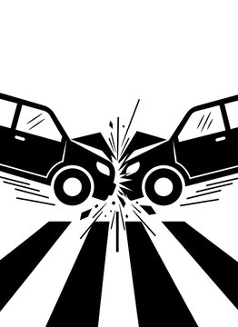 Blackandwhite illustration of two cars crashing head on collision  road accident