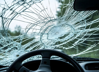 Cracked car windshield with steering wheel and blurry trees in background