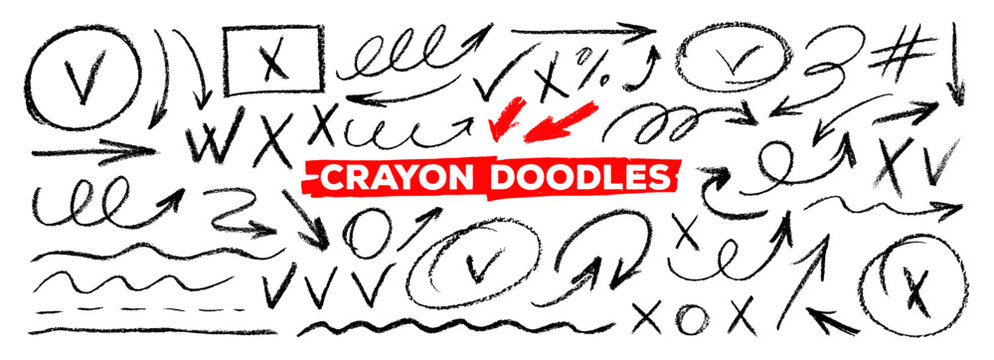 Hand drawn arrows, underlines and frames for diagrams and notes. Vector doodle crayon drawn curved and straight arrows, check boxes with rough graphite edges. Check mars and thin underlines.