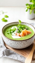 Rustic sorrel soup with smoked salmon and sour cream in cozy homemade presentation