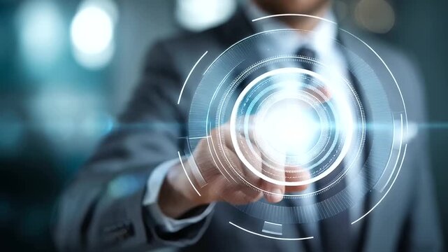 Faceless businessman hand controlling futuristic display expertise business concept visualization professional knowledge interface technical competence system skill