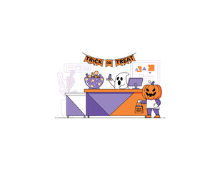 Halloween trick or treat scene with ghost and pumpkin character