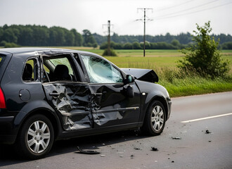 Damaged black car on road with broken windows and dented doors  accident scene