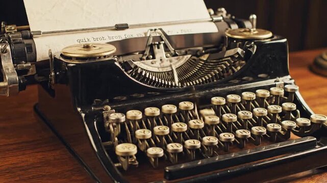 Vintage typewriter on a wooden desk with paper and keys ready for writing