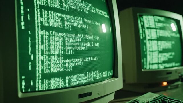 Computer monitors displaying code in a darkened room viewed from a low angle