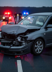 Damaged gray car involved in a road accident with police vehicles behind