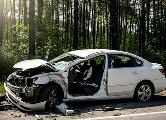 Damaged white car crashed on road with debris in forest accident scene