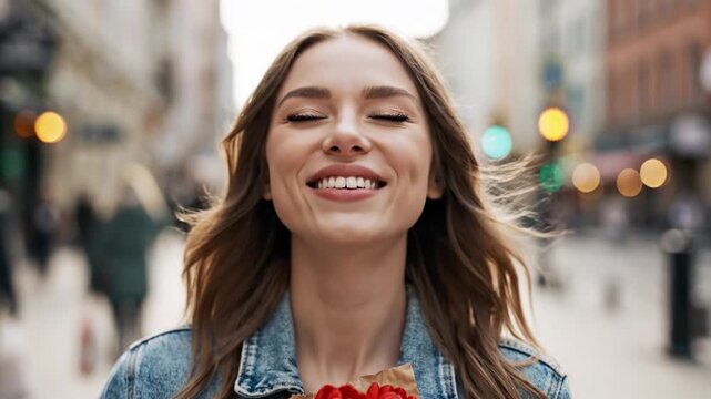 A young woman holds a bouquet of red and white tulips on a city street. She smiles happily with closed eyes, conveying joy and spring mood. Perfect for romance, spring holidays, or lifestyle ads.