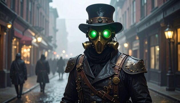 Steampunk Figure in Foggy London Street Scene.