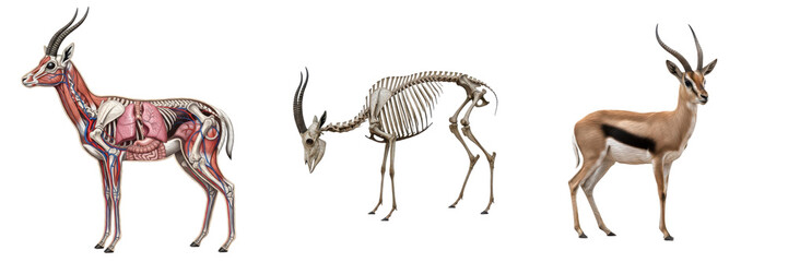 Isolated Gazelle Anatomy Set with Skeleton, Internal Organs and Realistic Gazelle &ndash; Transparent Background PNG