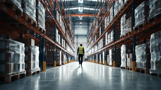Industrial worker walking through a modern warehouse aisle. Logistics and supply chain management in a distribution facility