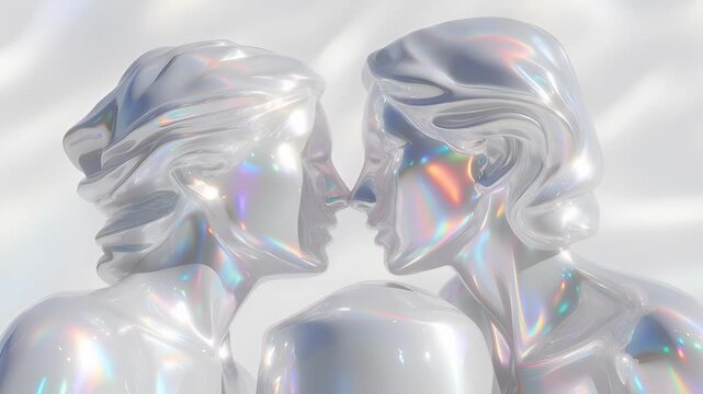 Modern art sculpture of two faces with iridescent chrome texture. A concept of abstract holographic pearl design and 3D fashion aesthetic, 4K video footage clip