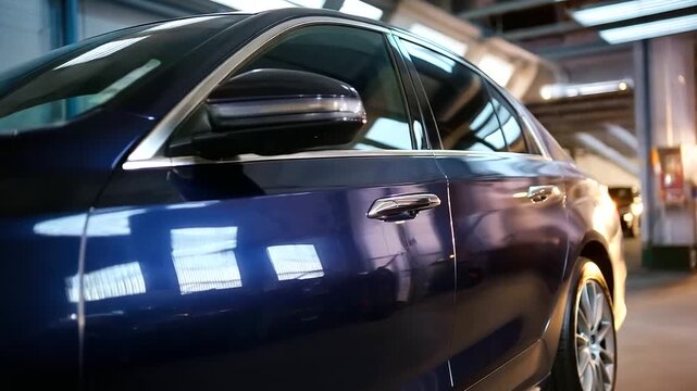 Professional car painting in specialized spray booth auto service center work body repair preparation surface treatment process quality vehicle maintenance defocused workshop