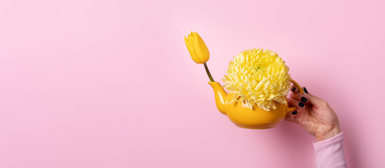 Hand holding yellow teapot with yellow tulip and chrysanthemum on pastel pink background. Minimal, modern floral arrangement.