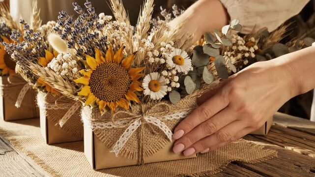 Close-up of a person's hands gently arranging a beautiful, rustic gift box on a natural wooden table with a burlap runner. The charming package is wrapped in kraft paper and tied with delicate lace an